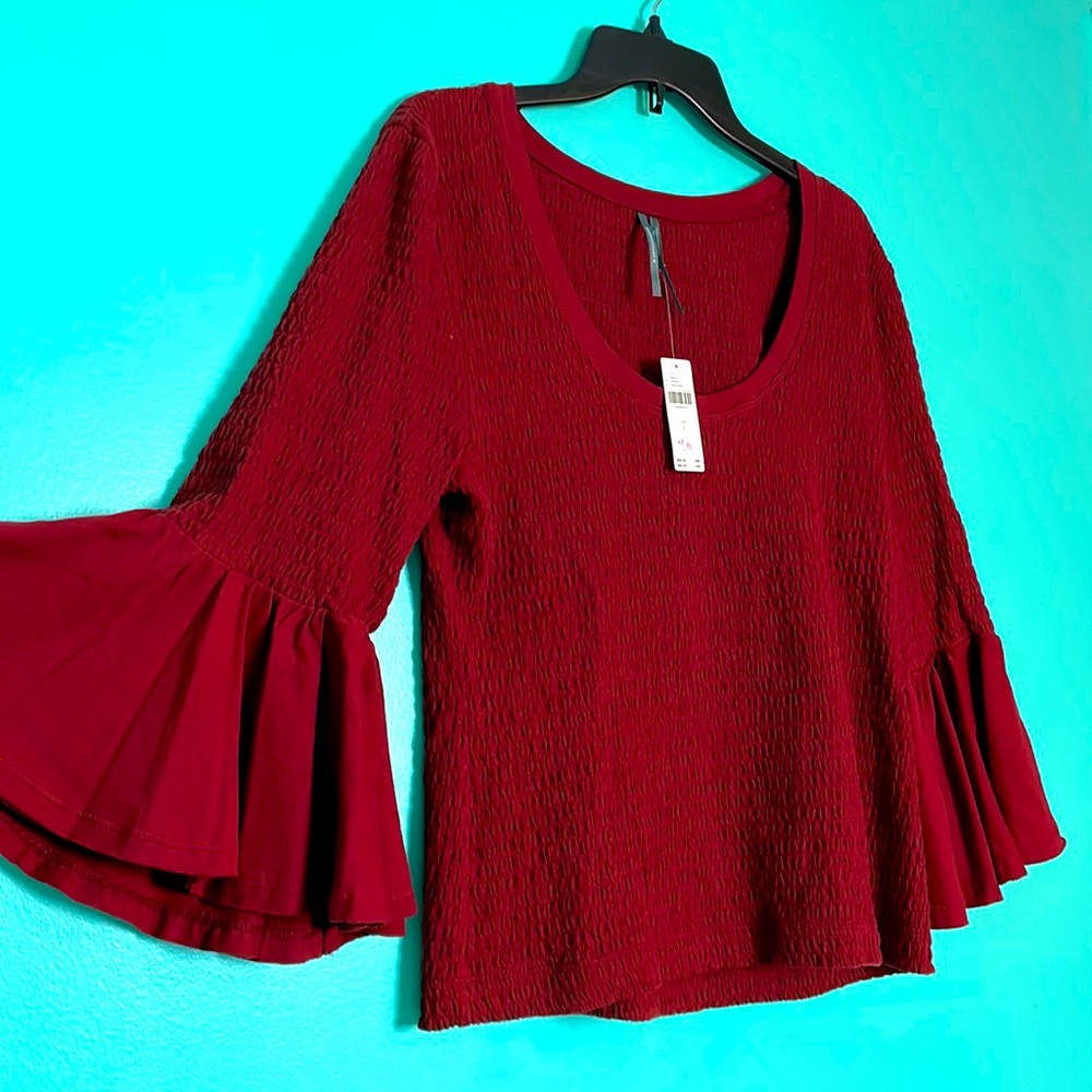 Anthropologie Blouse Smocked Bell-Sleeve Top Shirt in Wine L